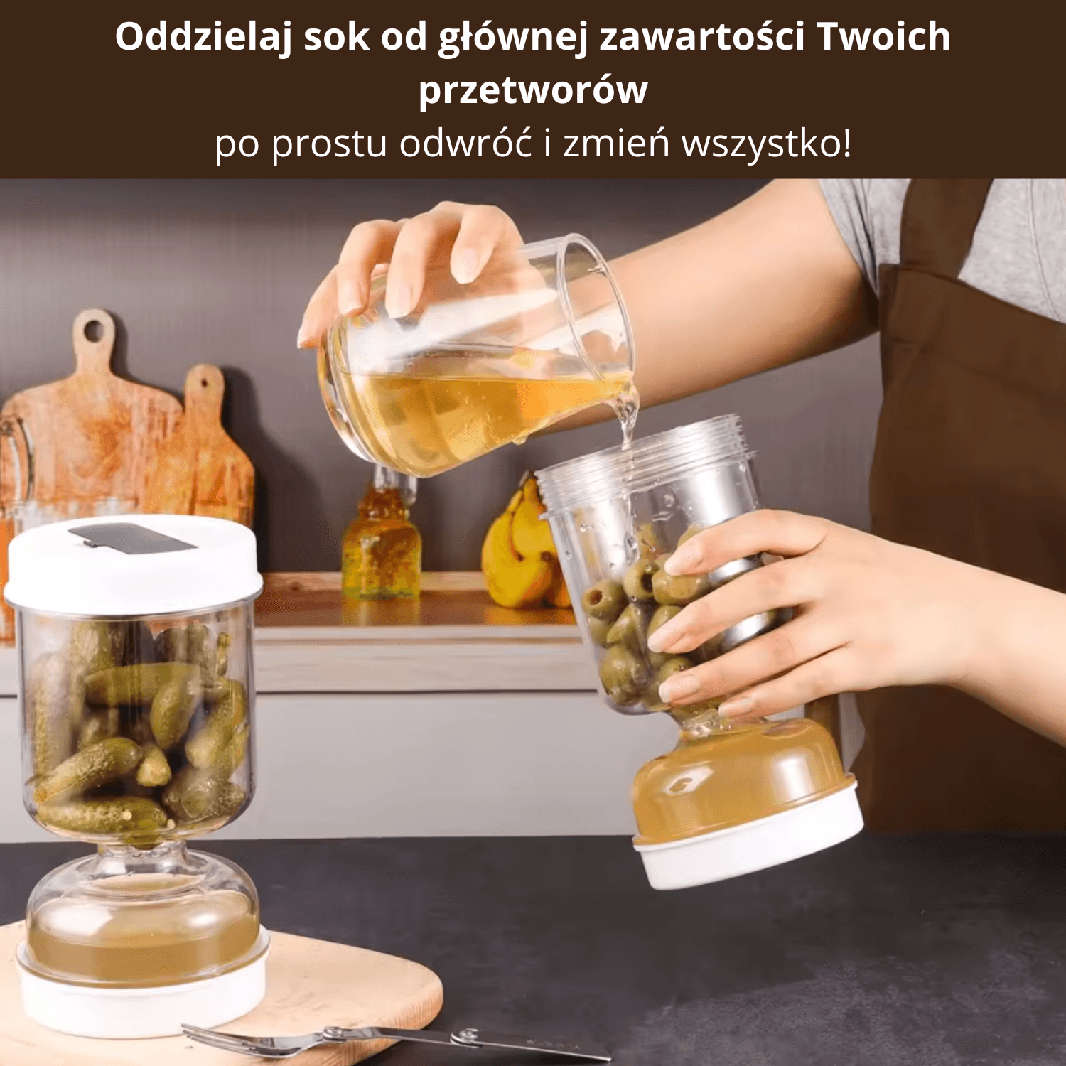 Słoik "Klepsydra" 1000 ml na przetwory z separatorem soku + składany widelec w zestawie