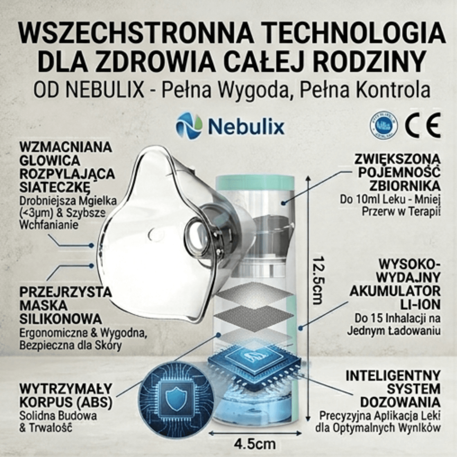 Inhalator Siateczkowy Nebulix™ PRO.
Technologia Micro-Mesh. Dual Power